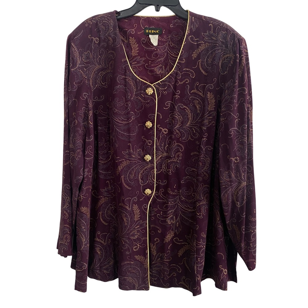 Reina VINTAGE Sz 20W Purple Paisley Print Gold Button Down Blouse Grandmacore